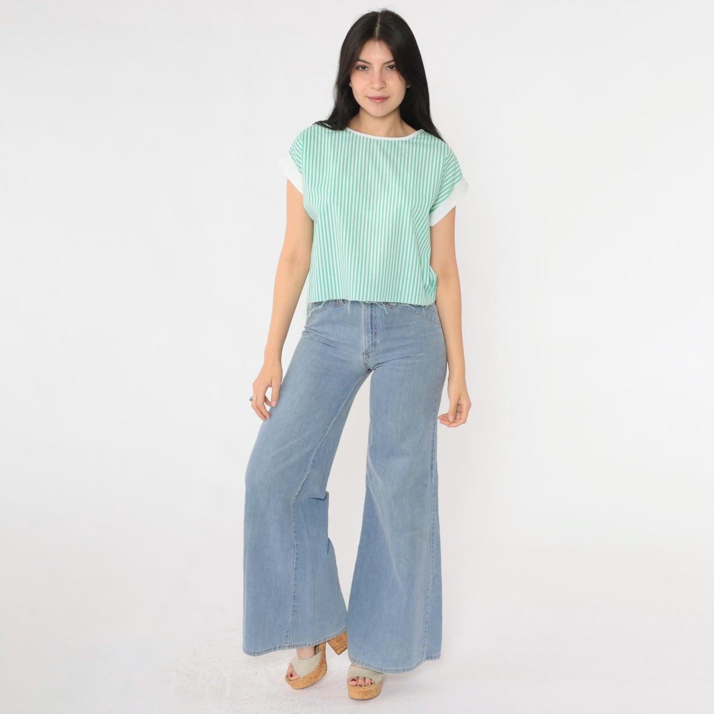 80s White Green Striped Crop Top Cap Sleeve Raw Hem Medium