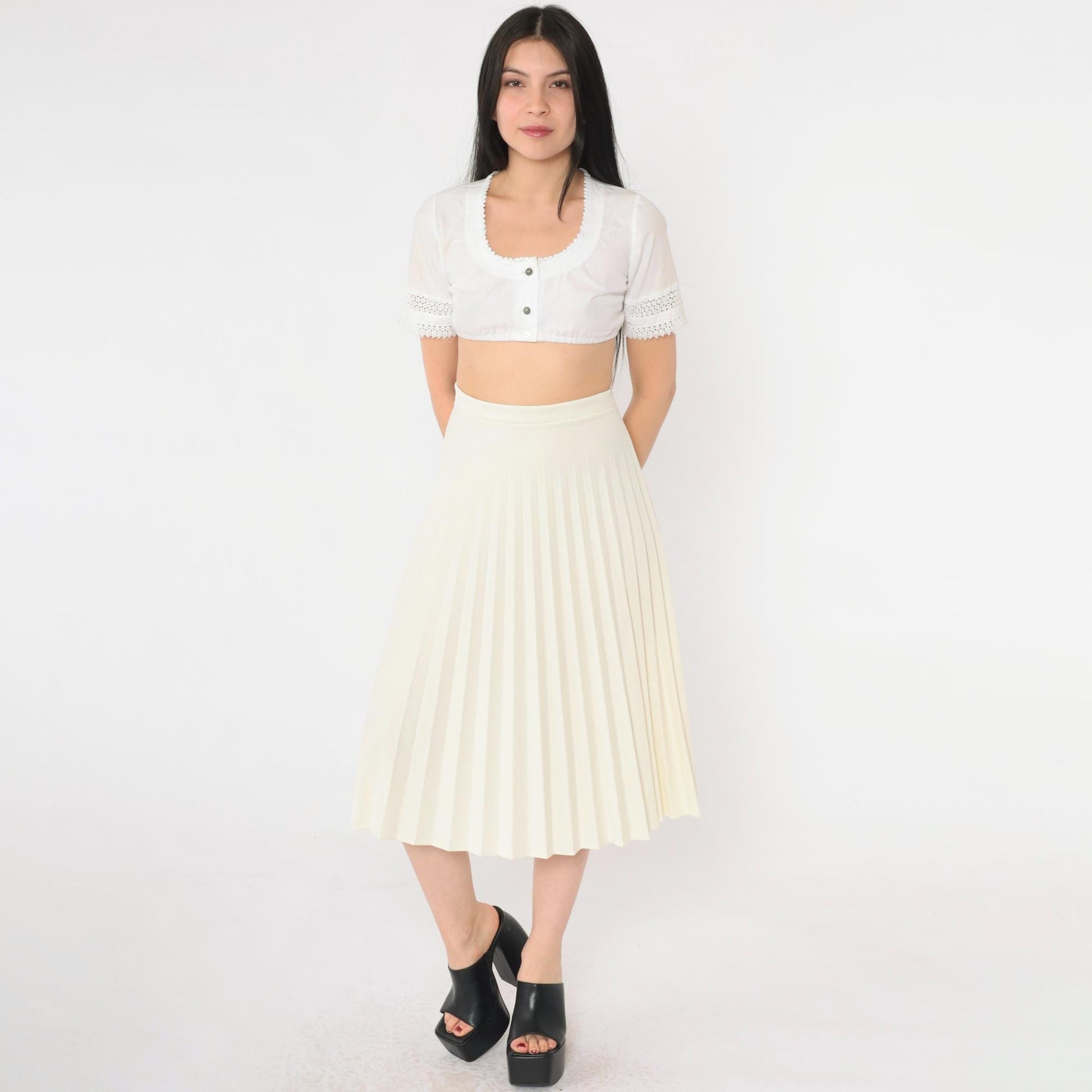 70s Cream Pleated Midi Skirt High Waist Elastic Large L