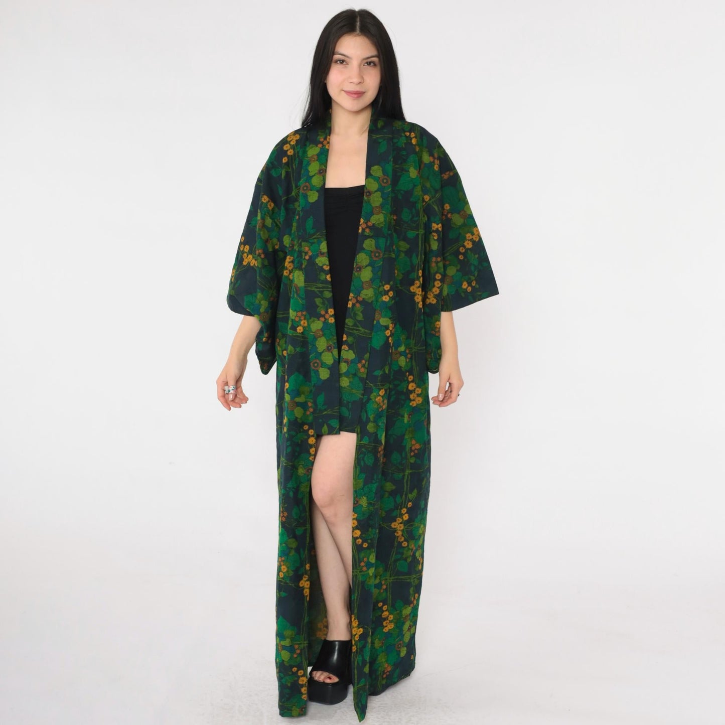 70s Green Floral Silk Kimono Robe Open Front Full Length