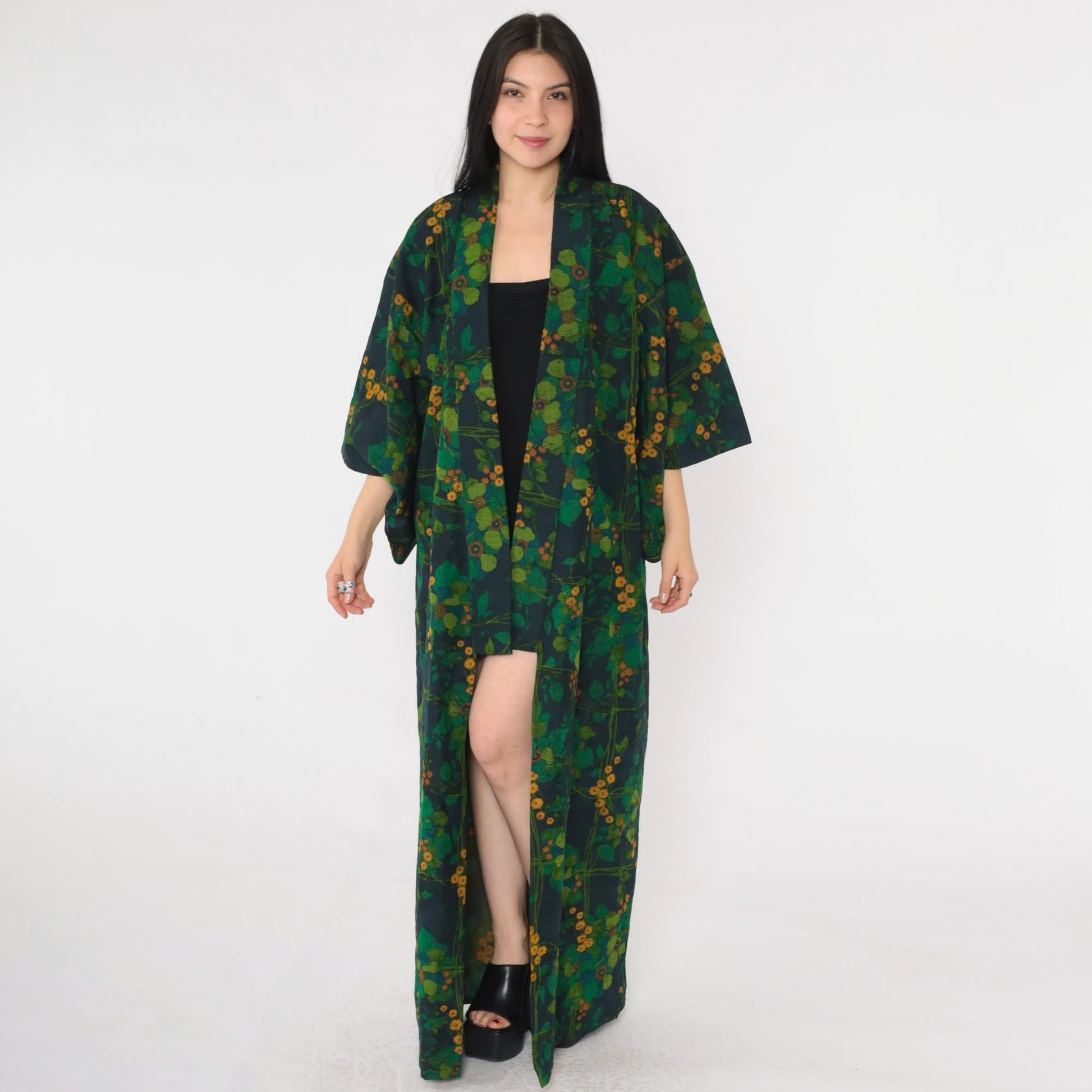 70s Green Floral Silk Kimono Robe Open Front Full Length