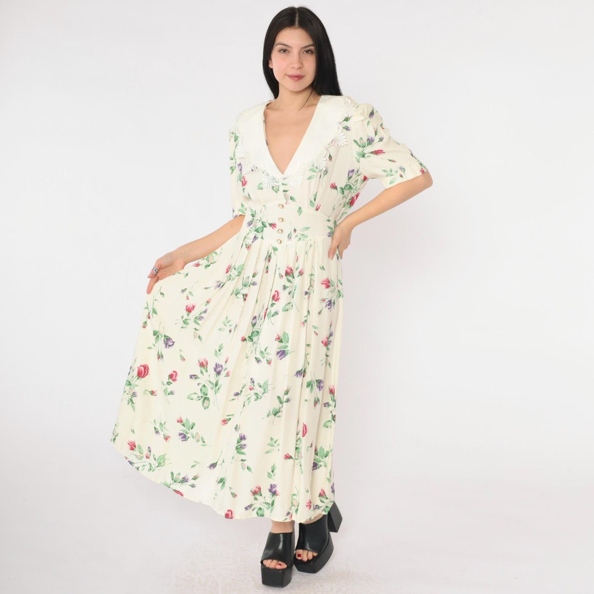 90s S.L. Fashions Cream Floral Maxi Dress Deep V Lace Collar Medium