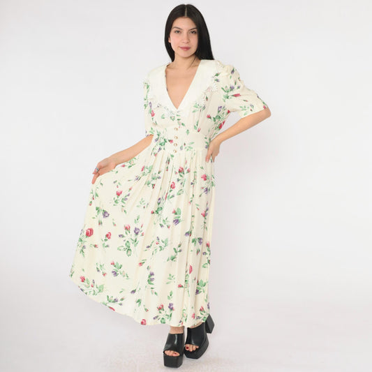 90s S.L. Fashions Cream Floral Maxi Dress Deep V Lace Collar Medium