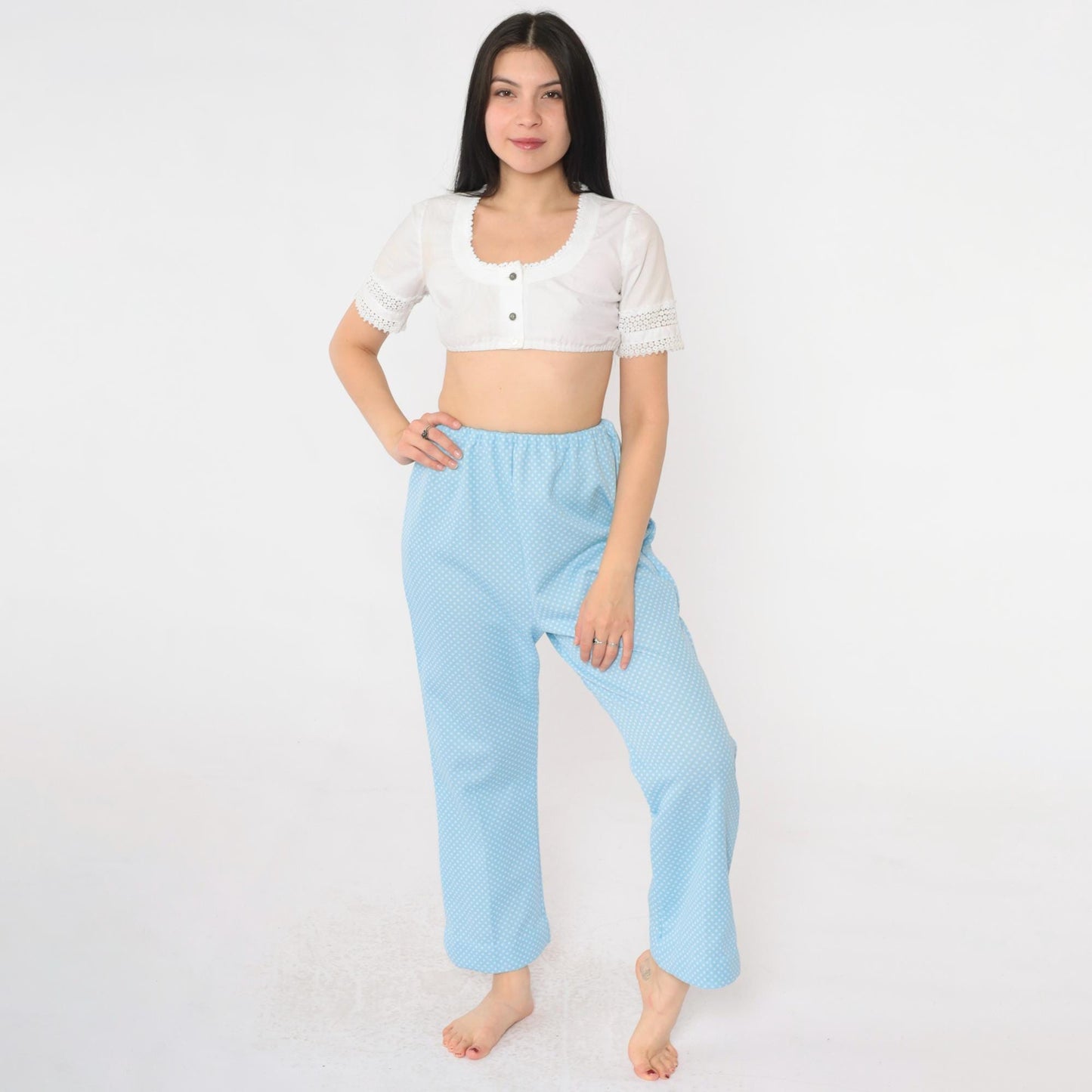 70s Baby Blue Polka Dot Flared Pants High Waist Elastic Small