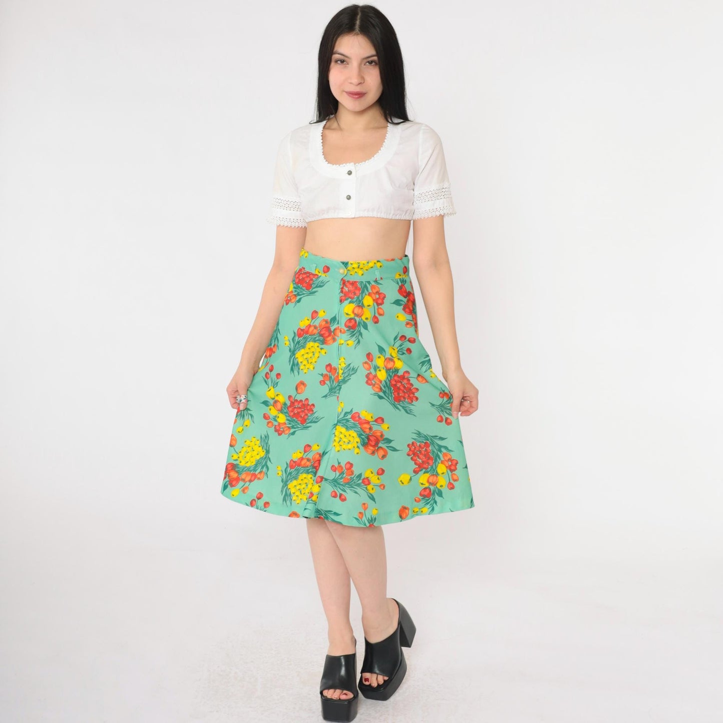 70s Green Floral Midi Skirt High Waisted A-Line Small