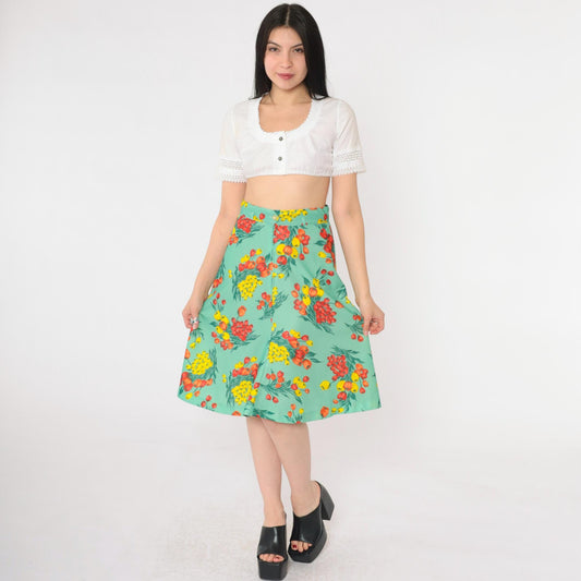 70s Green Floral Midi Skirt High Waisted A-Line Small