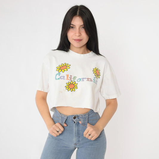 90s California Smiley Daisy Graphic Crop Top White Cotton Medium