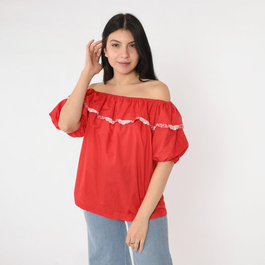 80s Red Peasant Blouse Puff Sleeve Elastic Neckline Small S