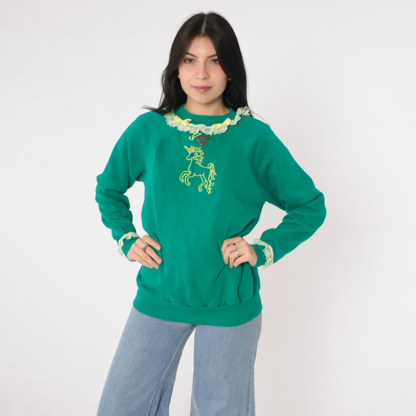 80s Unicorn Embroidered Sequin Heart Raglan Sweatshirt Green Medium