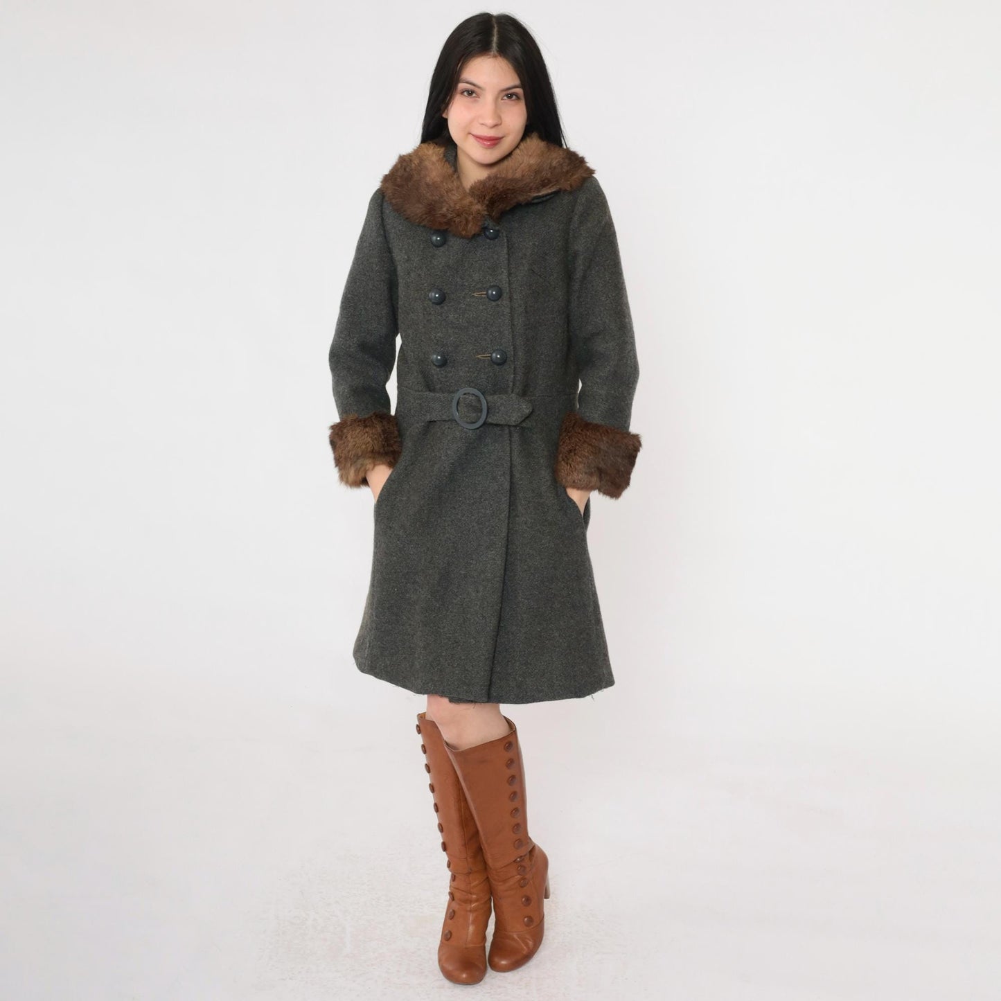 1960s Wool Pea Coat Charcoal Grey Fur Collar Double Breasted Extra Small