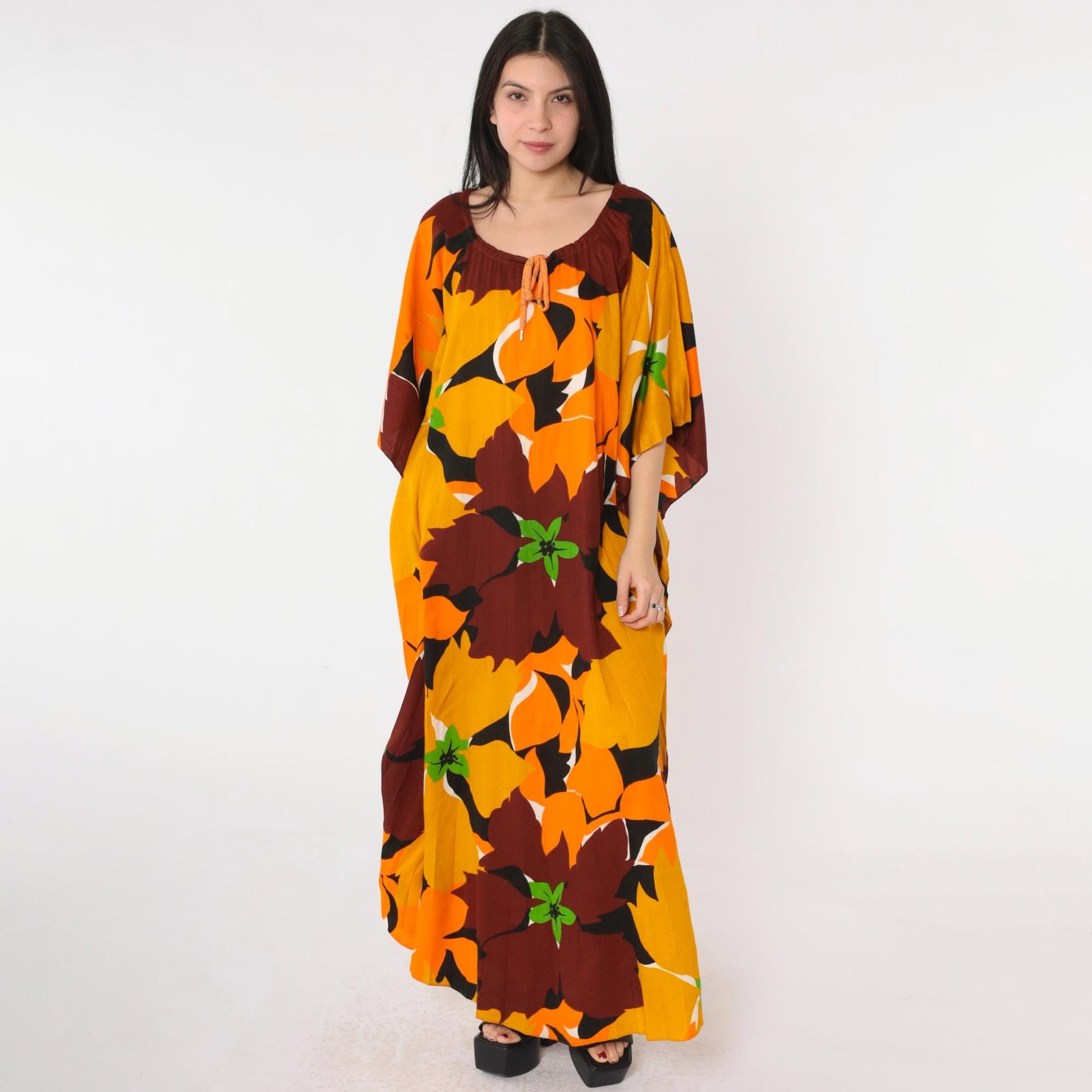 70s Hawaiian Caftan Maxi Dress Floral Mustard Orange Brown One Size