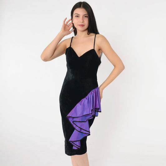 80s Black Velvet Knee-Length Dress Purple Taffeta Ruffle Sweetheart Neckline Small