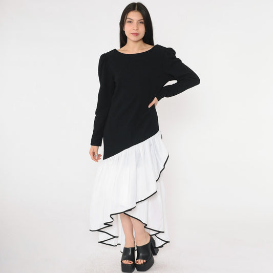 80s Black White Asymmetrical Maxi Dress Puff Sleeve V Back Ruffle Medium