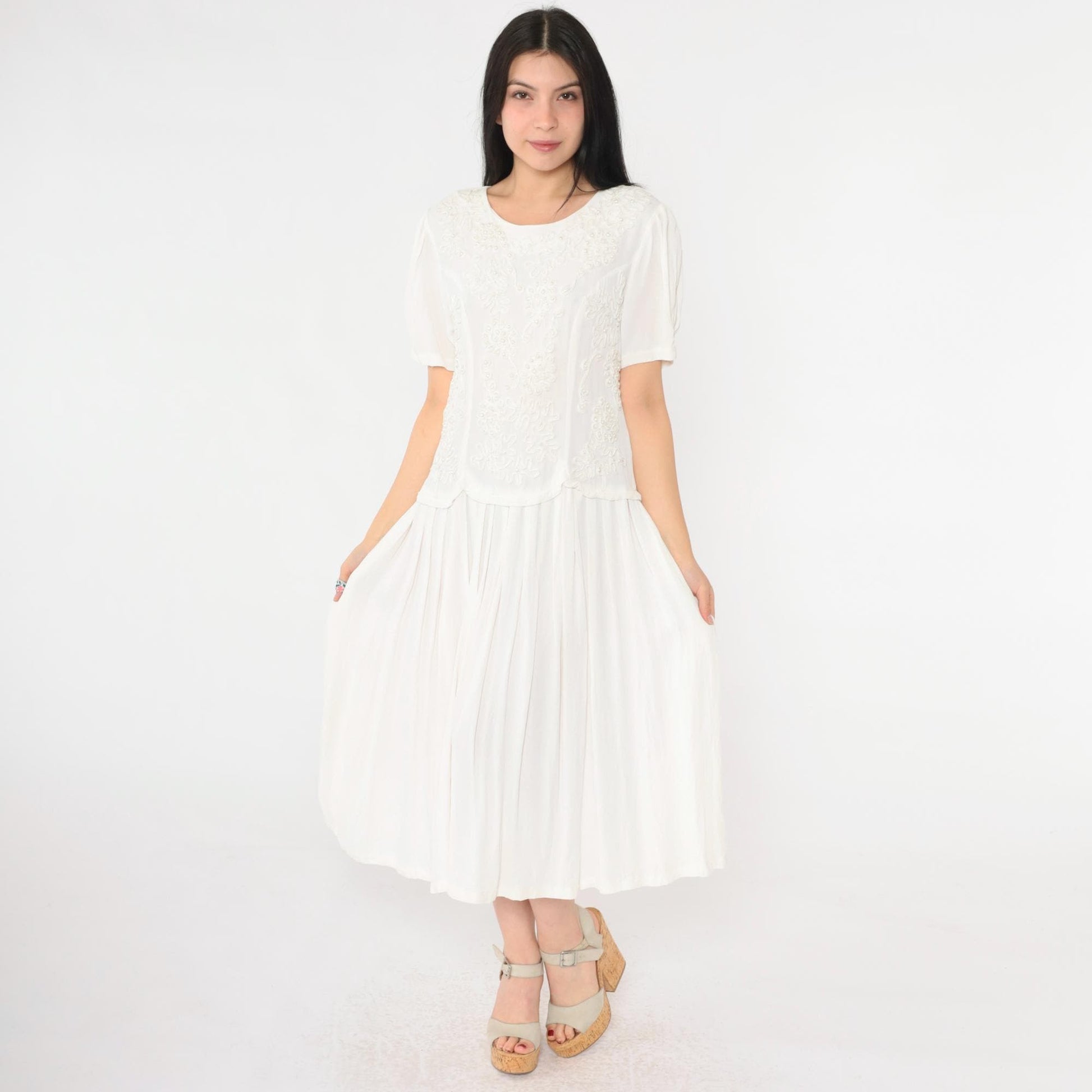 90s Sarin White Beaded Soutache Midi Dress Puff Sleeve Low Waist Small