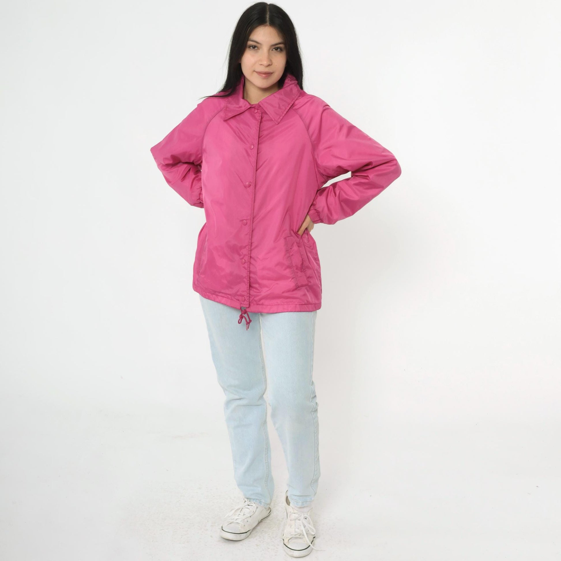 80s Pink Nylon Windbreaker Jacket Snap Front Raglan Drawstring Medium