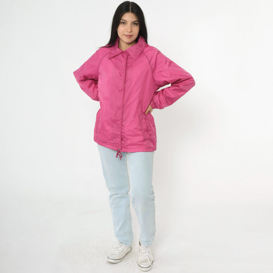 80s Pink Nylon Windbreaker Jacket Snap Front Raglan Drawstring Medium
