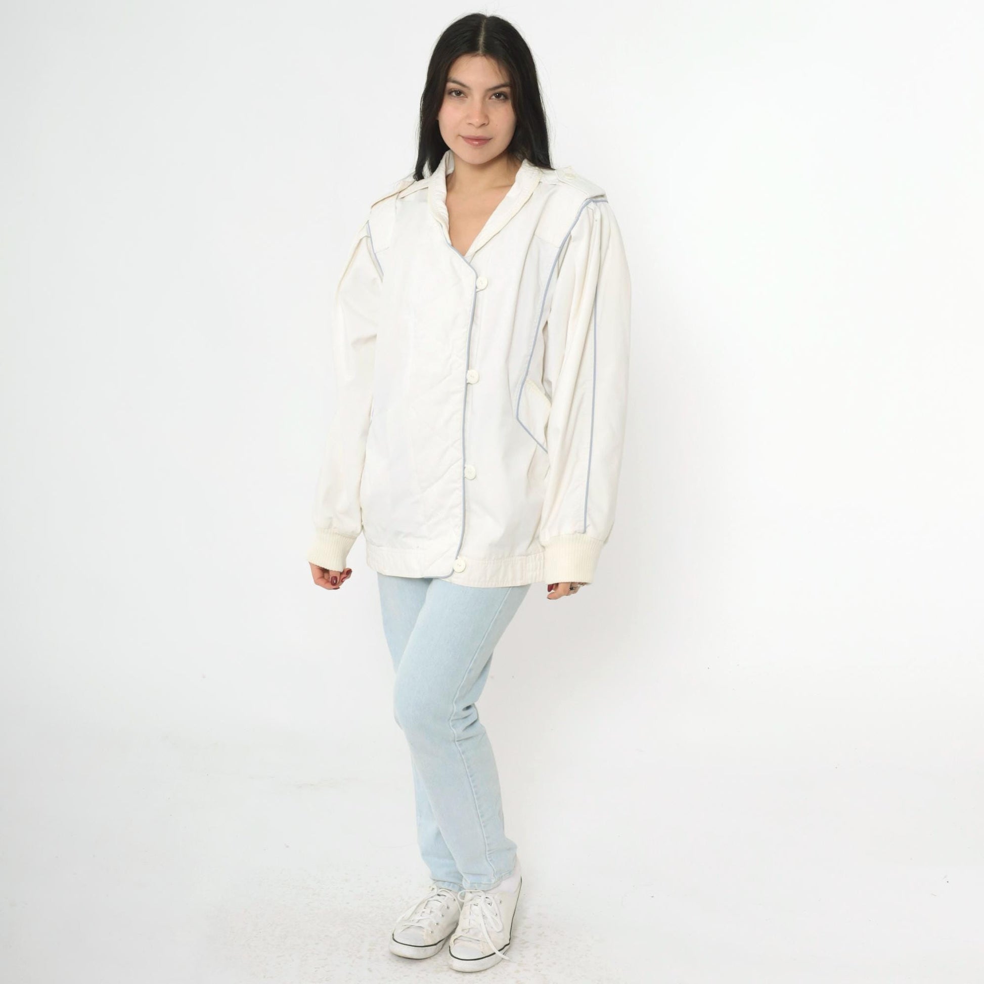 80s White Windbreaker Jacket Puff Sleeve Epaulet Bomber Medium