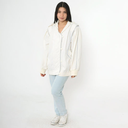 80s White Windbreaker Jacket Puff Sleeve Epaulet Bomber Medium