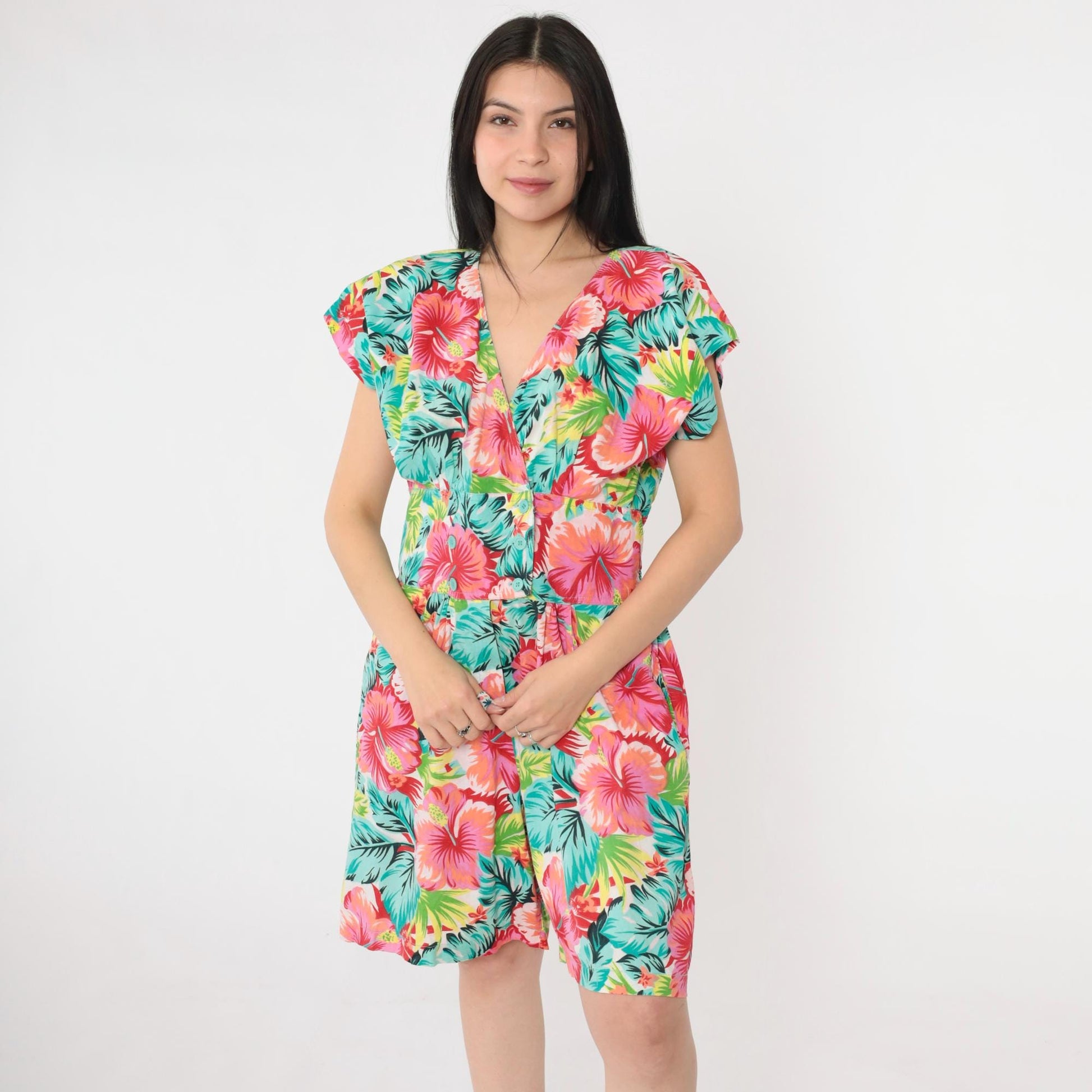 80s Tropical Floral Romper Playsuit Cotton Cap Sleeve High Waist Medium