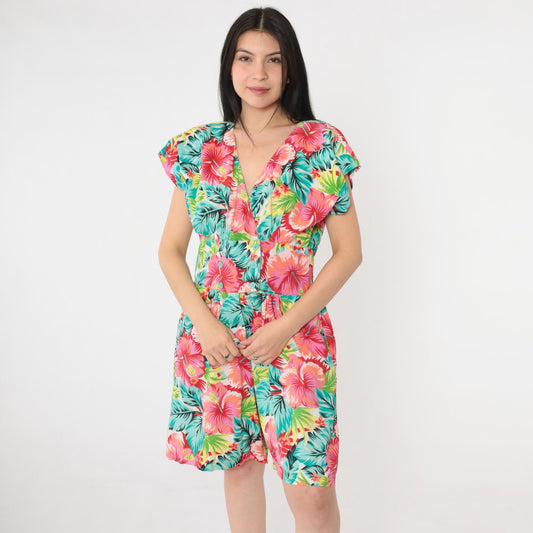 80s Tropical Floral Romper Playsuit Cotton Cap Sleeve High Waist Medium