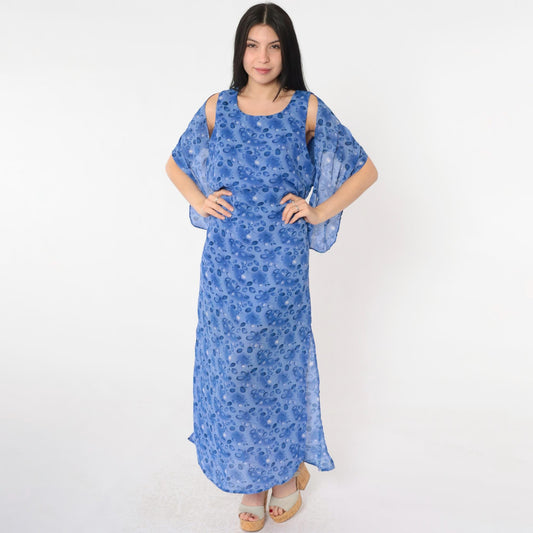 90s Blue Floral Maxi Dress with Matching Shawl Sleeveless Medium