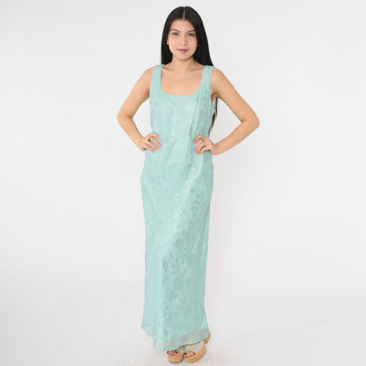 90s Seafoam Net Lace Maxi Dress Floral Embroidered Scoop Neck Small