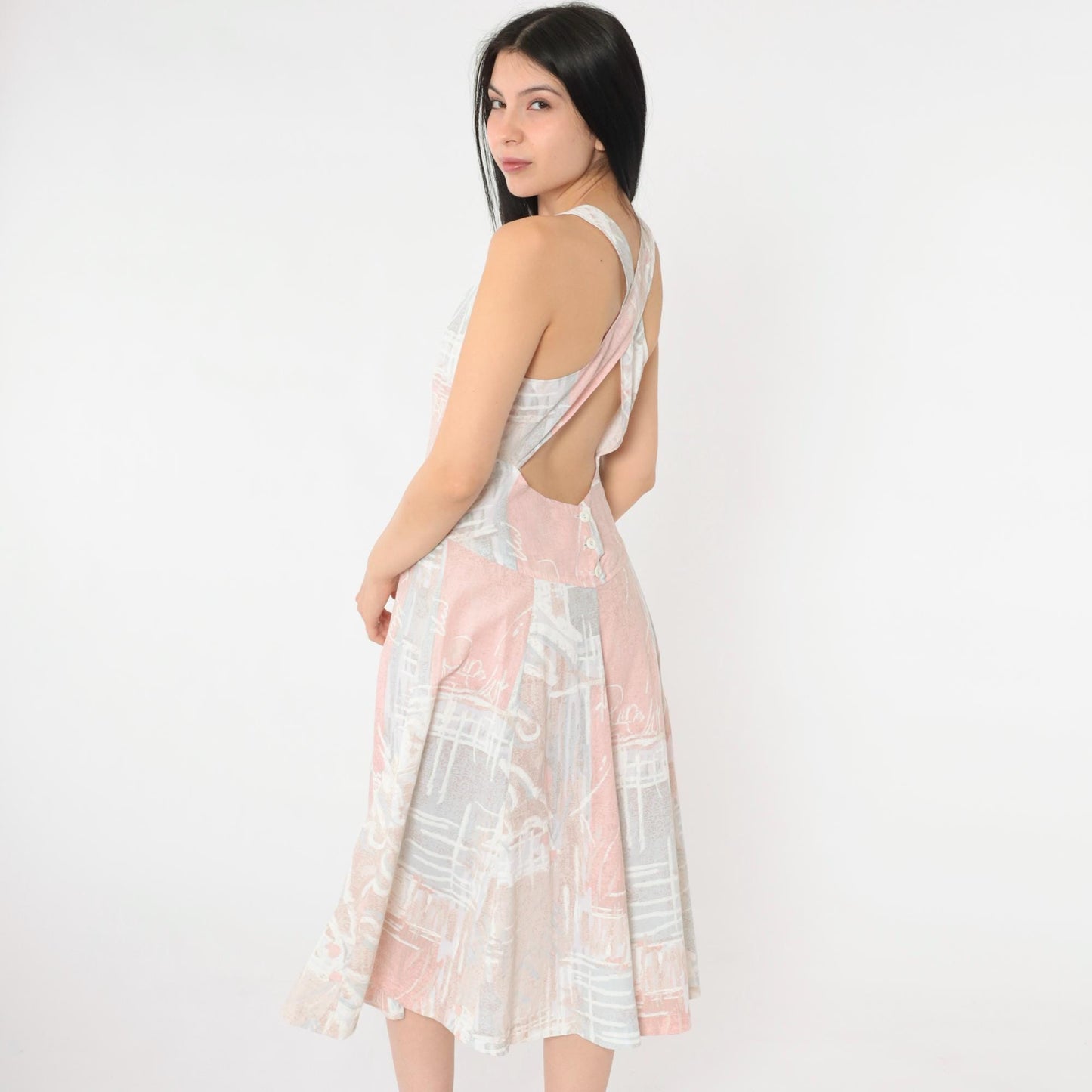 80s Pastel Abstract Print Midi Sundress Criss-Cross Tank Strap Small