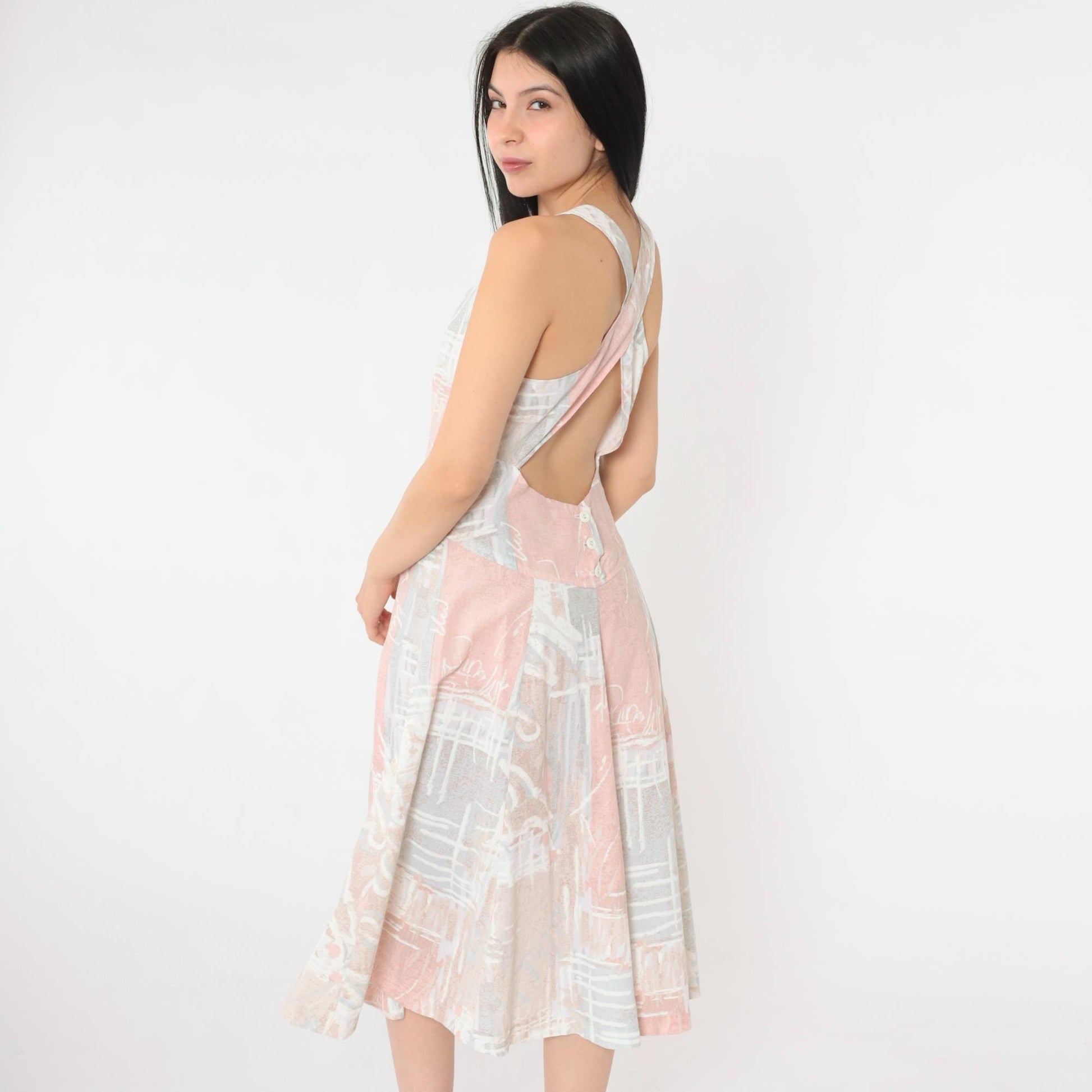 80s Pastel Abstract Print Midi Sundress Criss-Cross Tank Strap Small