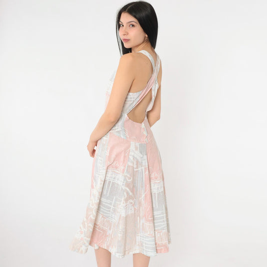 80s Pastel Abstract Print Midi Sundress Criss-Cross Tank Strap Small