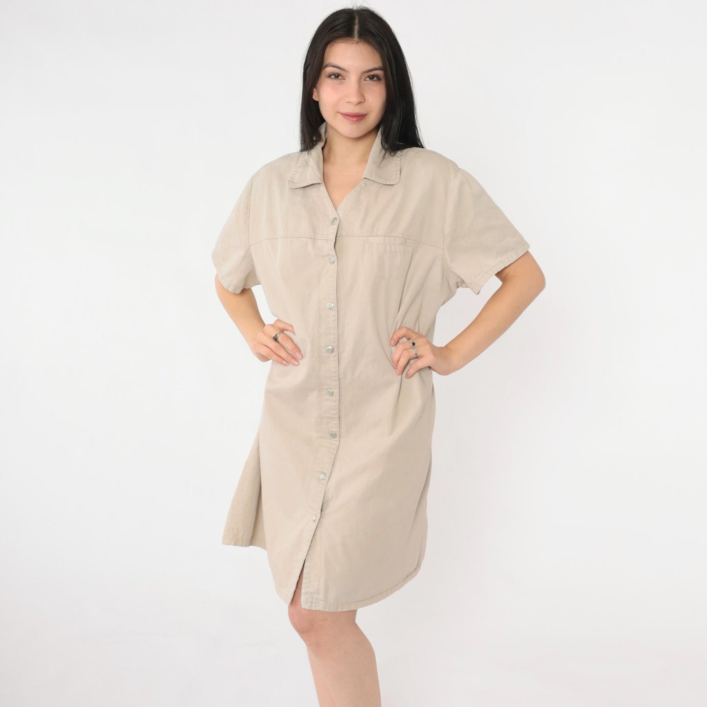 90s Faded Glory Khaki Shirt Dress Cotton Twill Mini Tan XL