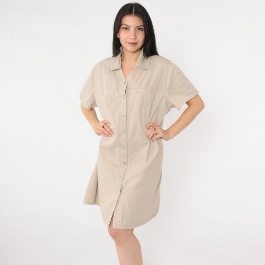 90s Faded Glory Khaki Shirt Dress Cotton Twill Mini Tan XL