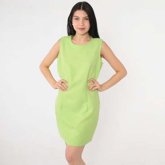 90s Lime Green Sleeveless Mini Dress Sheath Cut Medium 8