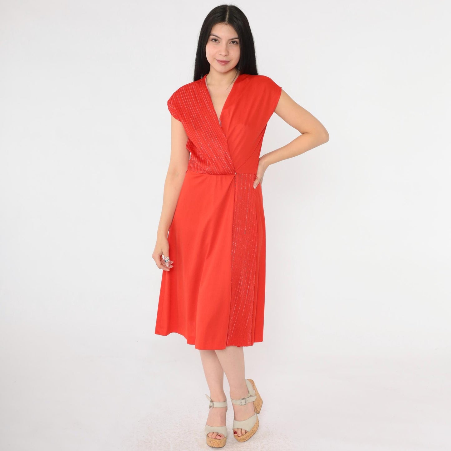 70s Red Metallic Striped Wrap Dress V Neck Midi Cap Sleeve Small