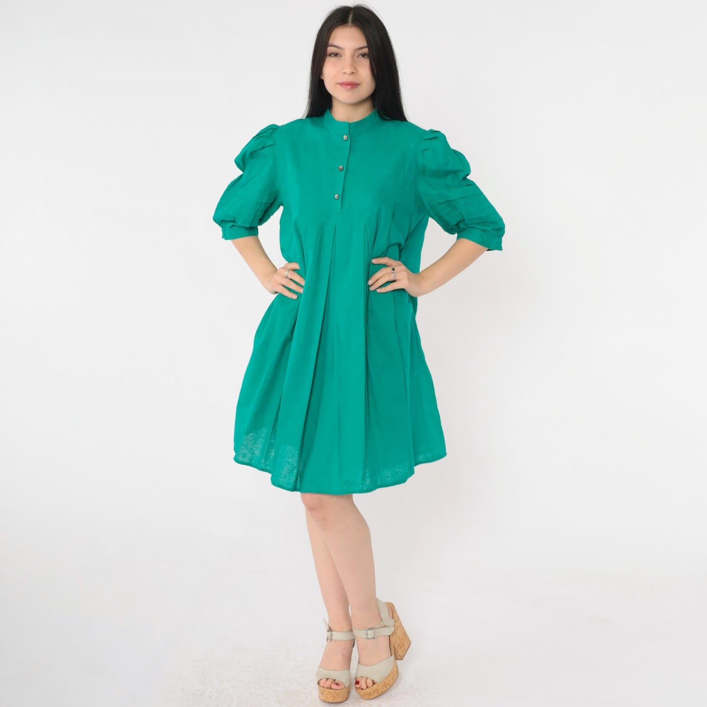 80s Jordache Green Puff Sleeve Mini Dress Pleated Tent Cut Button Bib Medium
