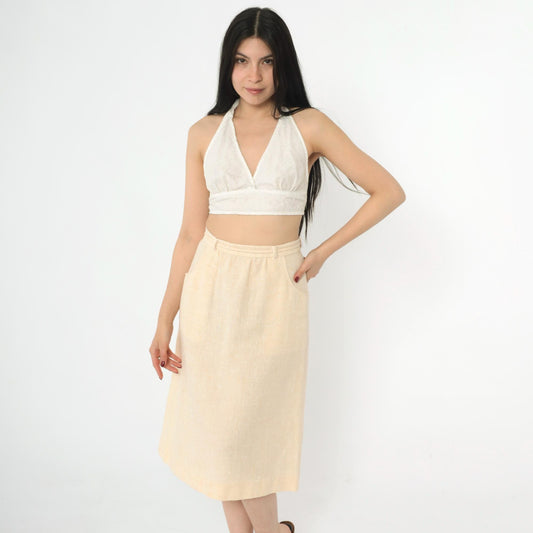 80s Cream Flecked A-Line Midi Skirt High Waist Tie Belt Pockets Small