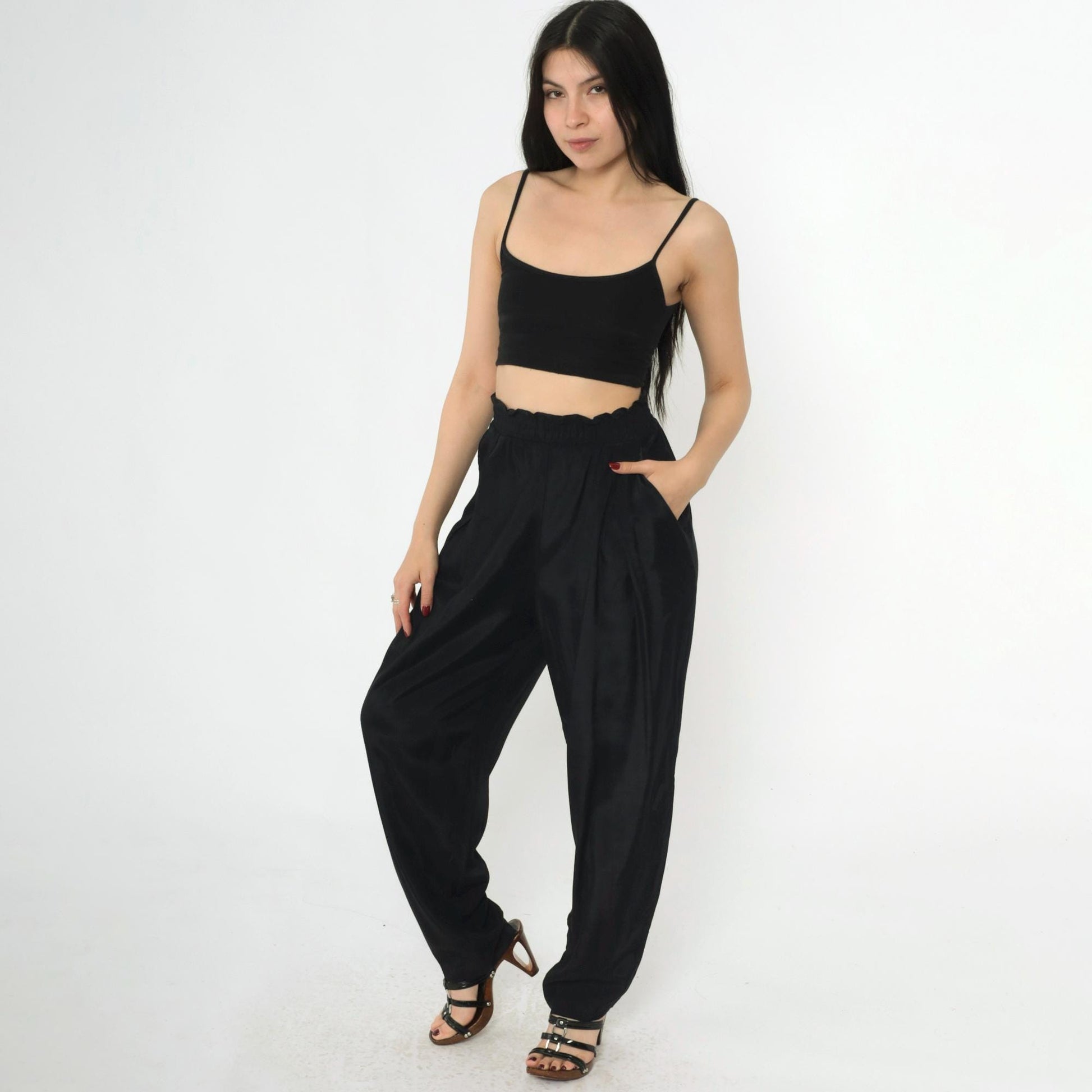 80s Black Pleated High-Waist Tapered Trousers Rayon Medium 10