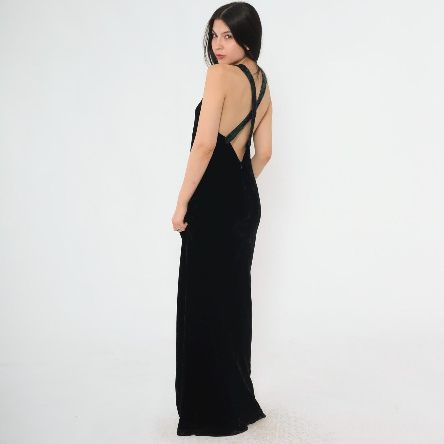 90s Ralph Lauren Collection Black Velvet Maxi Gown Sequin Straps Open Back Small 4