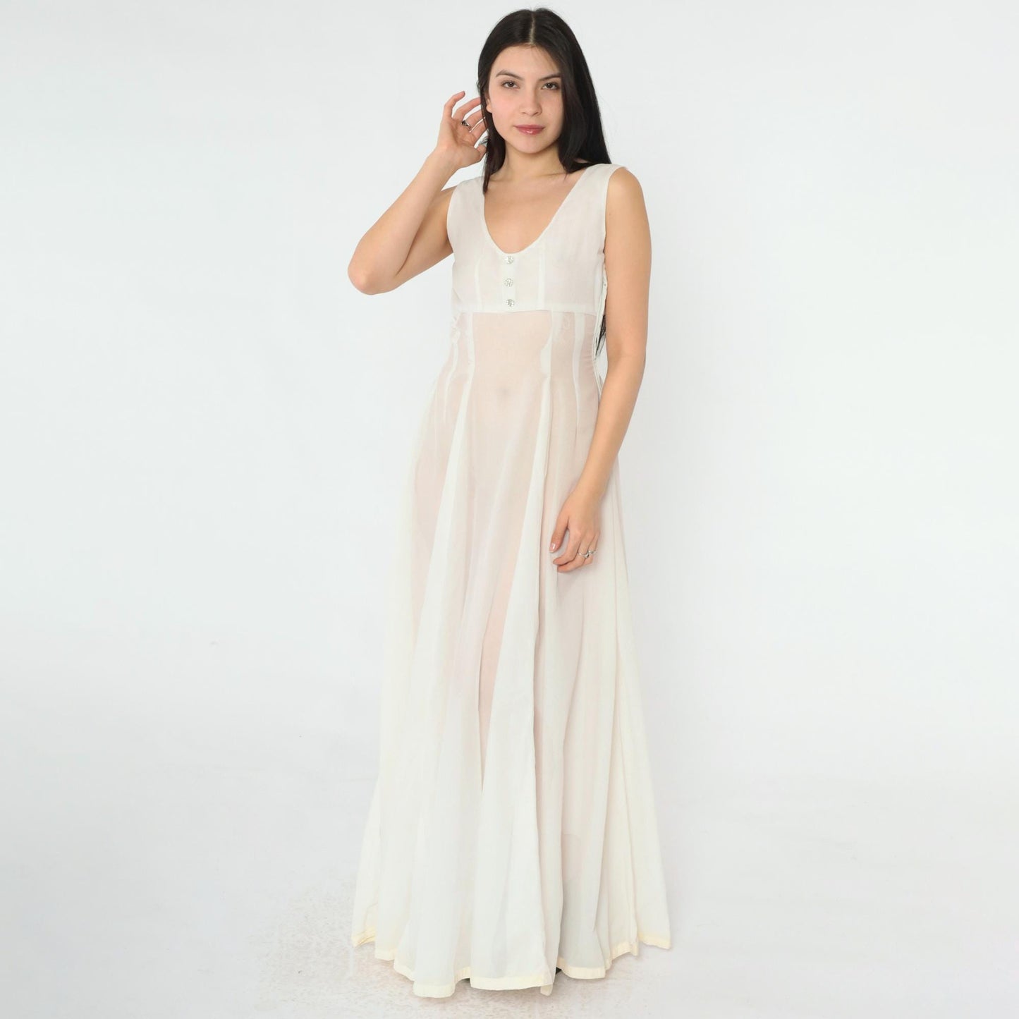 1940s Sheer White Sleeveless Gown Rhinestone Button Empire Waist Floor-Length Small