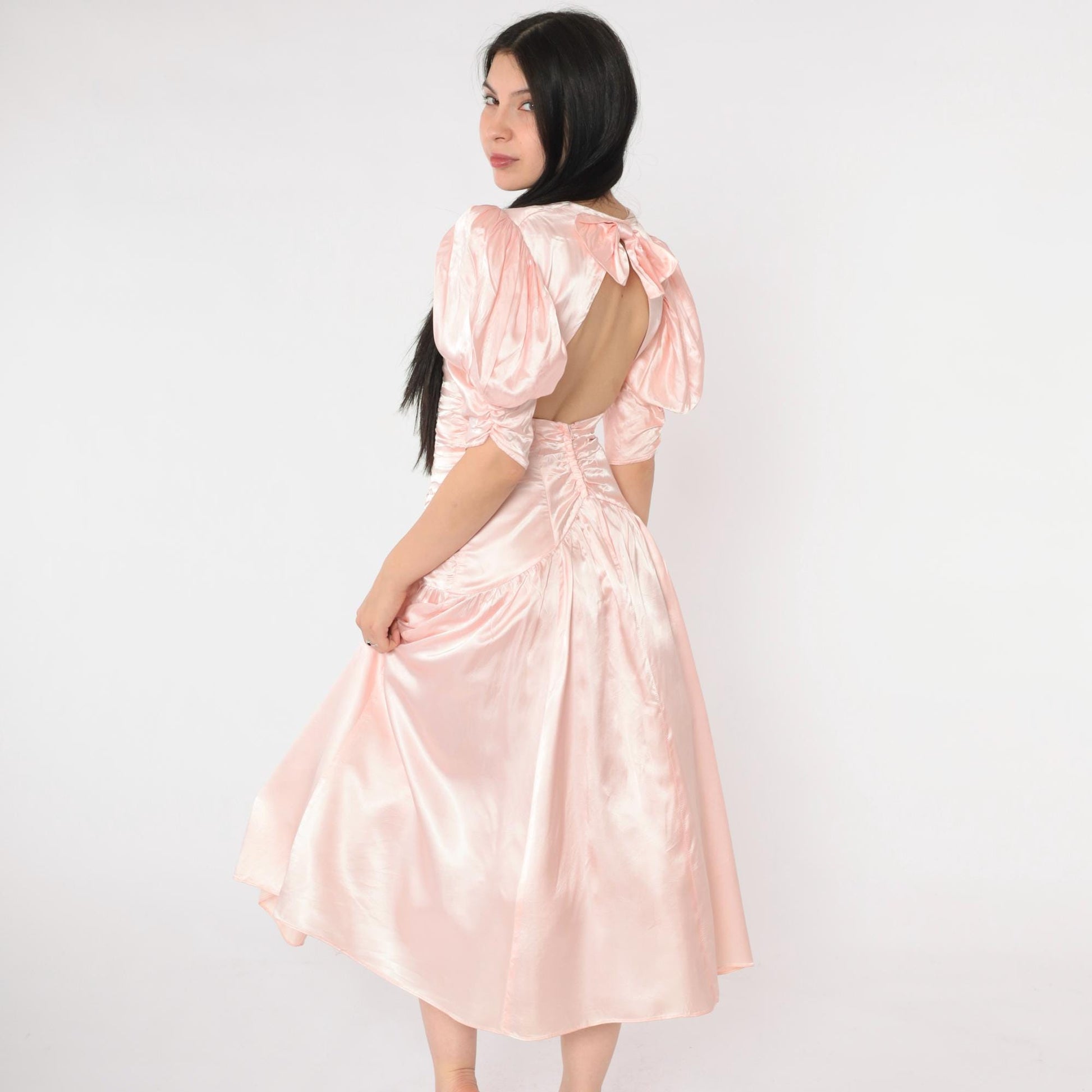 80s Jessica McClintock Gunne Sax Pink Satin Midi Dress Puff Sleeve Open Back Extra Small