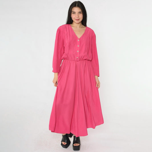 80s S.L. Fashions Hot Pink Button-Up Midi Dress V-Neck Long Sleeve Large