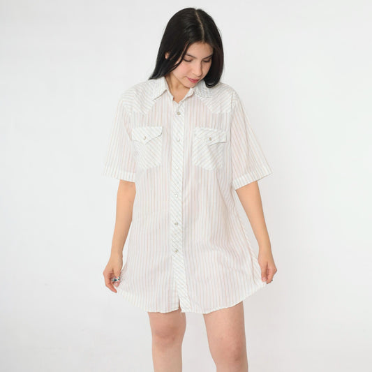 80s Corral West Ranchwear Pearl Snap Western Shirt Striped White Large