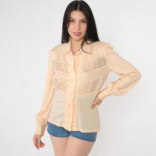 70s Peach Lace Blouse Puff Sleeve Button Up Sheer Cutwork Top Medium M
