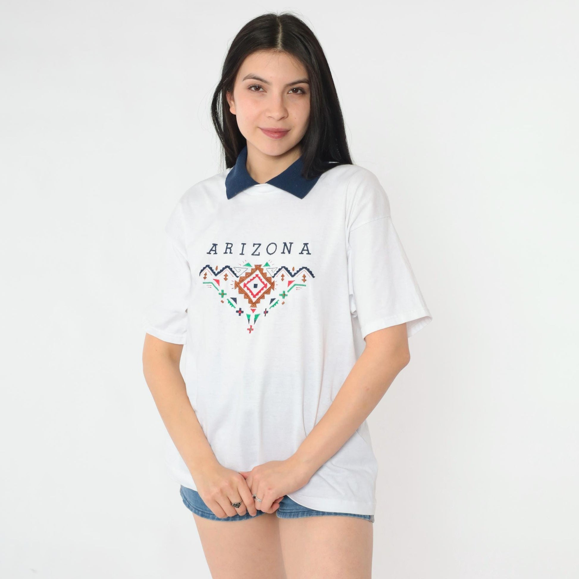 Y2K Arizona Embroidered Graphic T-Shirt White Collared Tee Large L