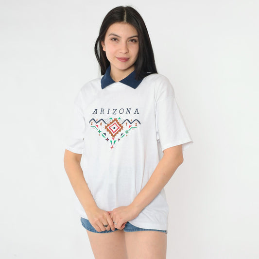 Y2K Arizona Embroidered Graphic T-Shirt White Collared Tee Large L