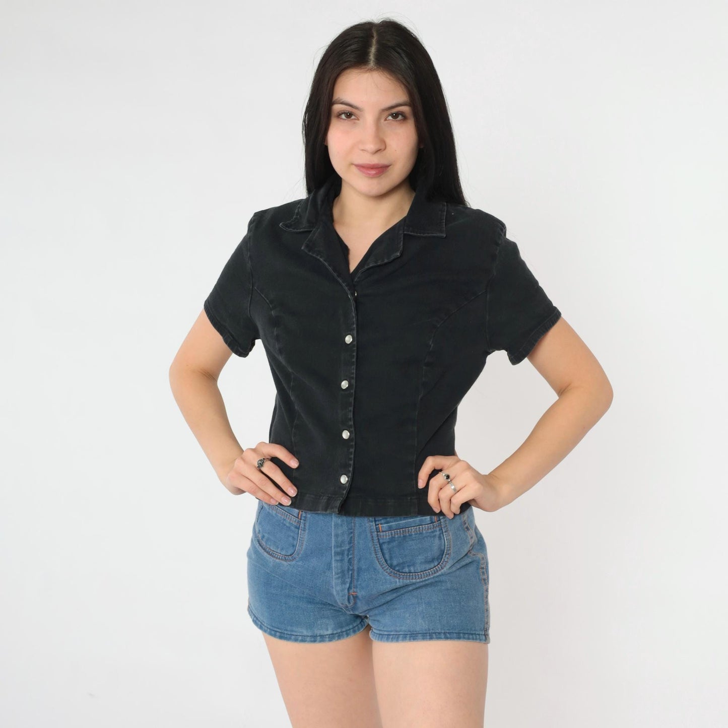 90s Black Pearl Snap Button Blouse Short Sleeve Fitted Crop Small S