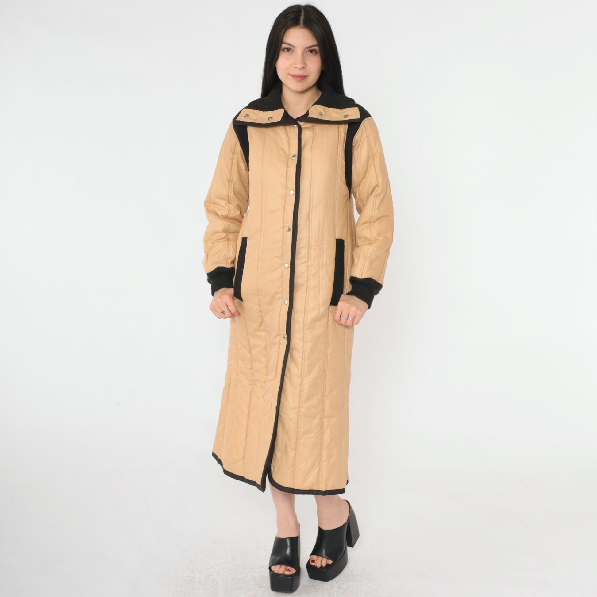 80s Furrrina Quilted Parka Tan Black Long Puffer Jacket Small