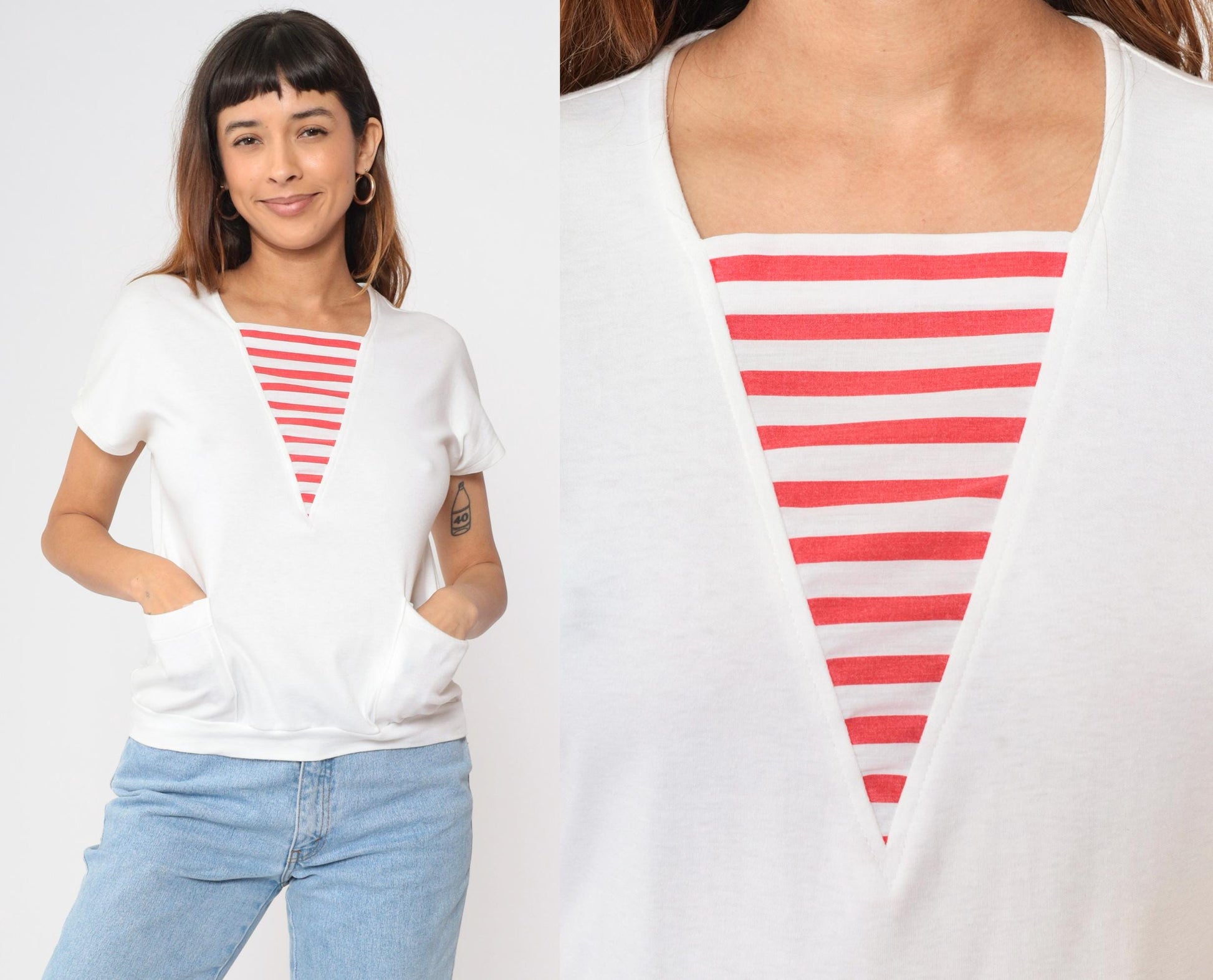 80s White Red Striped T-Shirt Nautical Pocket Tee Short Sleeve Small S