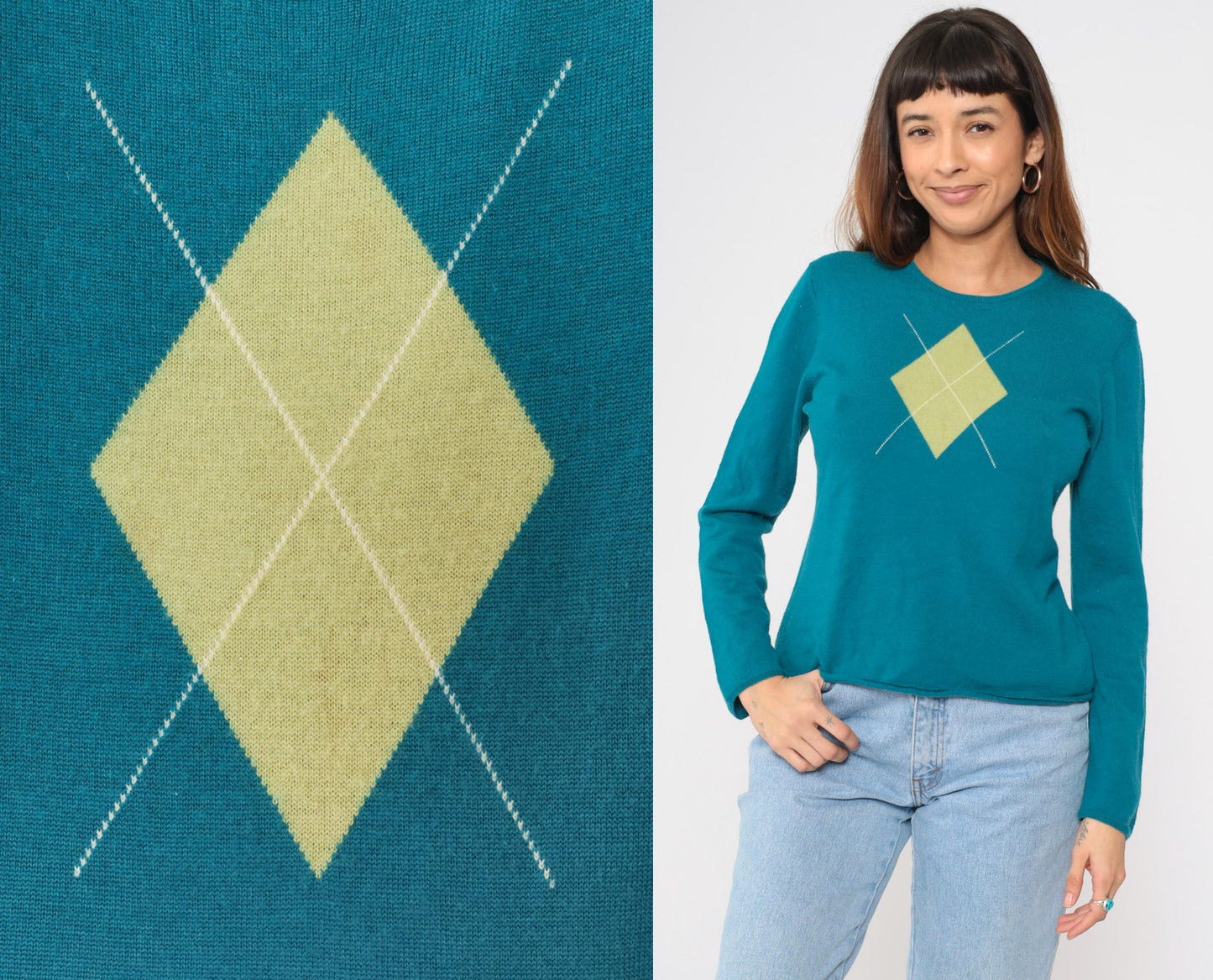 Charter Club Teal Argyle Wool Pullover Crewneck Sweater Large L