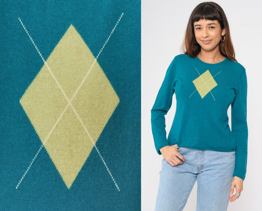 Charter Club Teal Argyle Wool Pullover Crewneck Sweater Large L