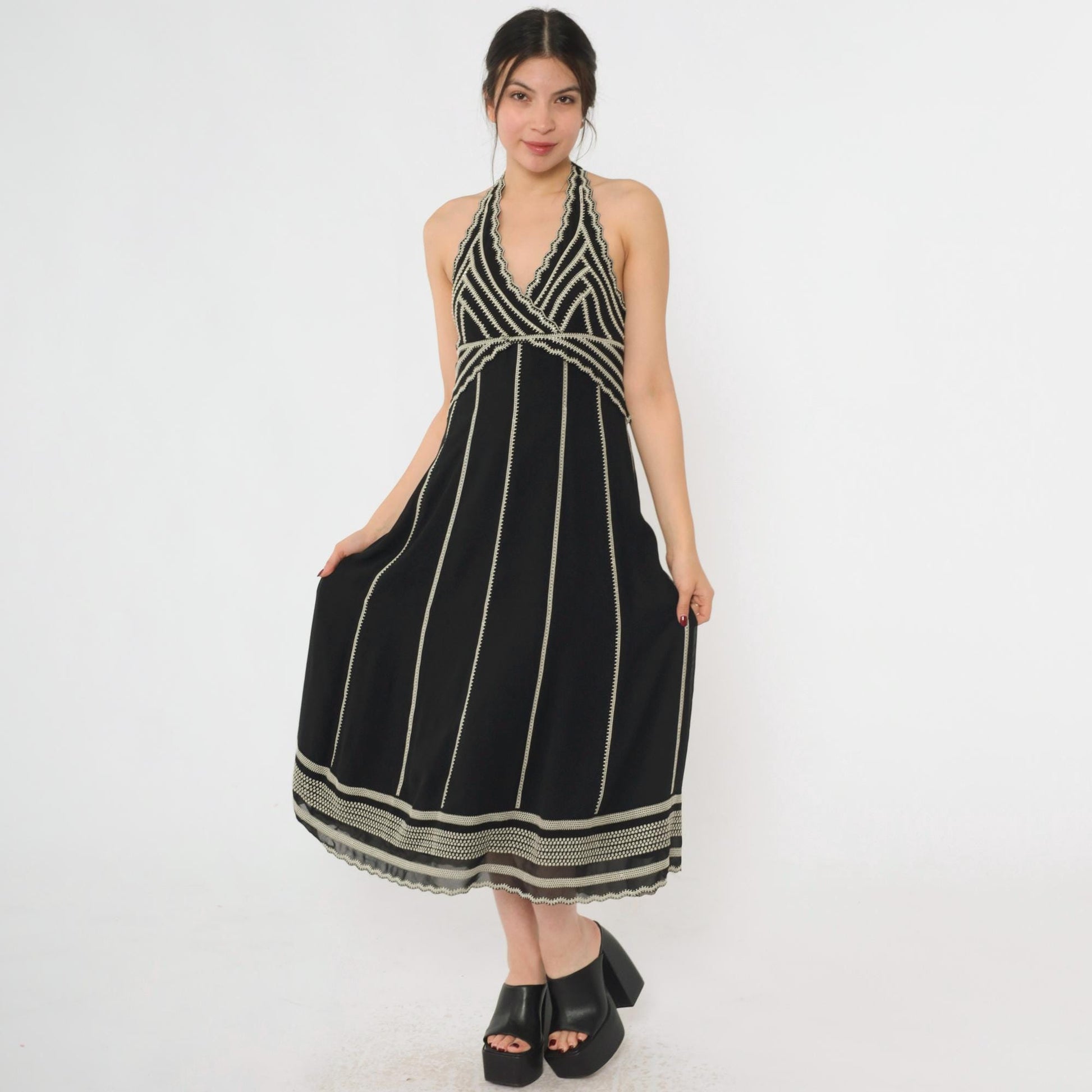 Y2K Eliza J Black Halter Midi Dress Embroidered Beaded Empire Waist Small 6