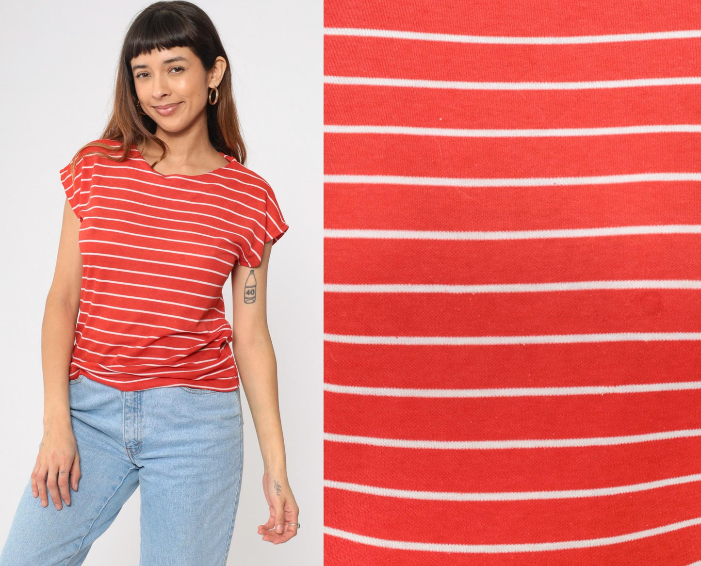 80s Red White Striped Cap Sleeve T-Shirt Gotham Vintage Small